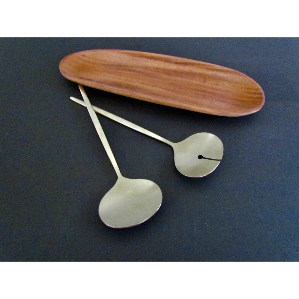 NEW West Elm Sidney Stainless Steel Serving Utensils Gold & Wood Serving Platter